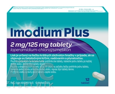 Imodium Plus tbl 2 mg/125 mg (blis.polychlórtrifluóretylén/PVC/Al/PET/papier) 1x12 ks