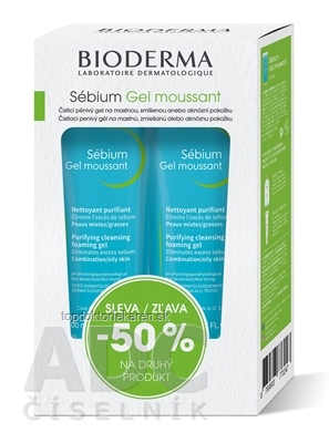 BIODERMA Sébium Gel moussant 1+1 Festival čistiaci penivý gél, tuba 2x200 ml (zľava -50% na druhý produkt), 1x1 set